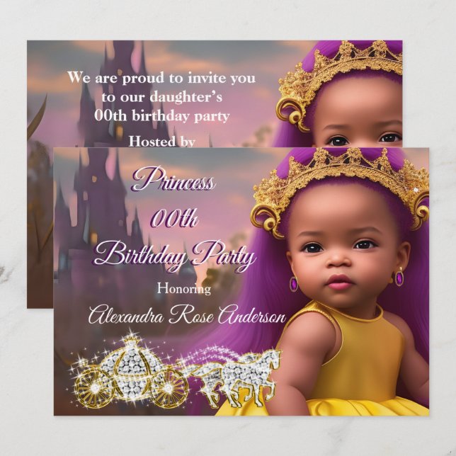 Invitation Fête d'anniversaire de filles princesse violet eth (Devant / Derrière)