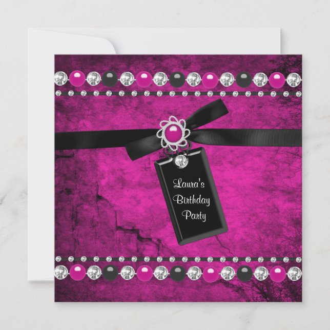 Invitation Fête d'anniversaire de filles rose noir (Devant)