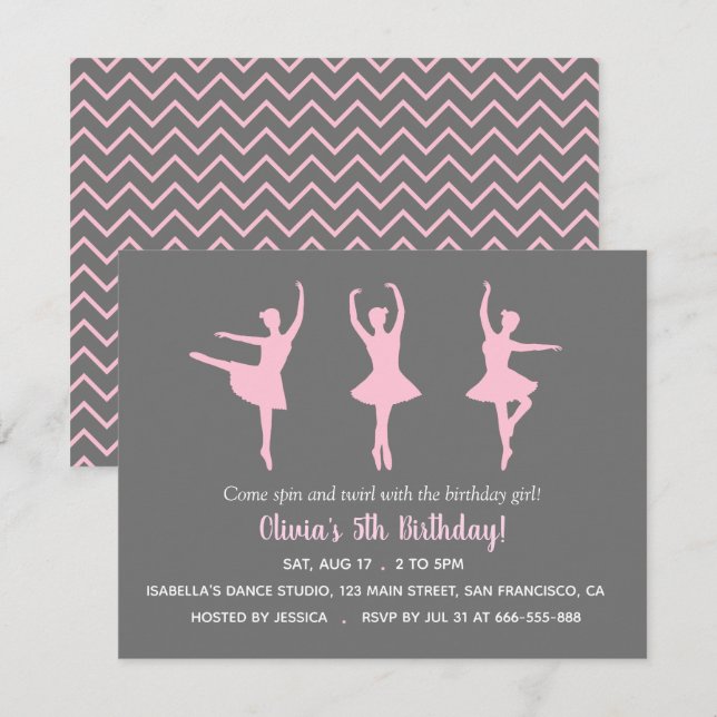Invitation Fête d'anniversaire de filles silhouette de baller (Devant / Derrière)