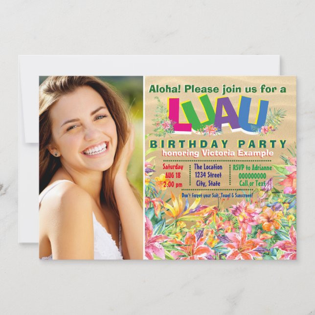 Invitation Fête d'anniversaire de filles tropicales Luau Phot (Devant)