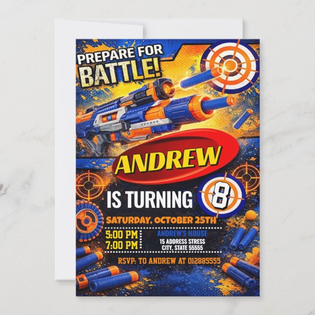Invitation Fête d'anniversaire de fléchettes Nerf pour enfant (Devant)
