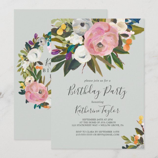 Invitation Fête d'anniversaire de fleurs peintes (Devant / Derrière)