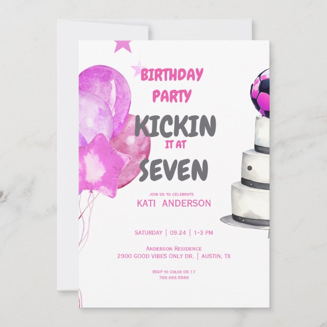 Invitation Fête d'anniversaire de football Pink Kickin it (Devant)