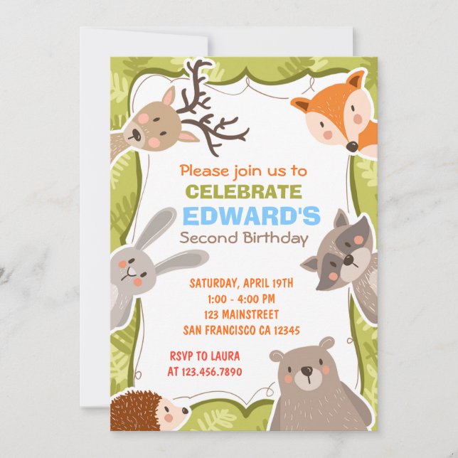 Invitation Fête d'anniversaire de forêt d'animaux de région (Devant)