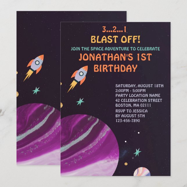 Invitation Fête d'anniversaire de fusée de l'espace extra-atm (Devant / Derrière)