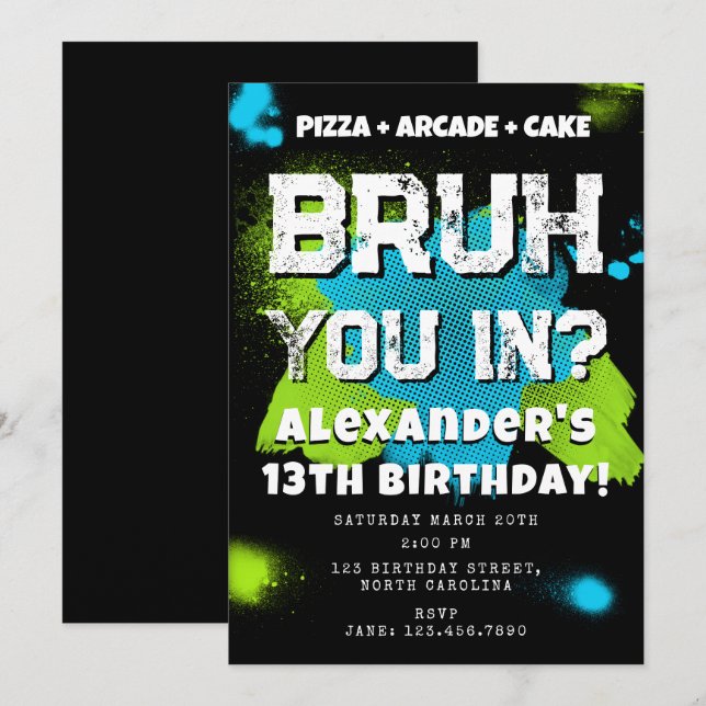 Invitation Fête d'anniversaire de garçon ado « Bruh Boy » Néo (Devant / Derrière)