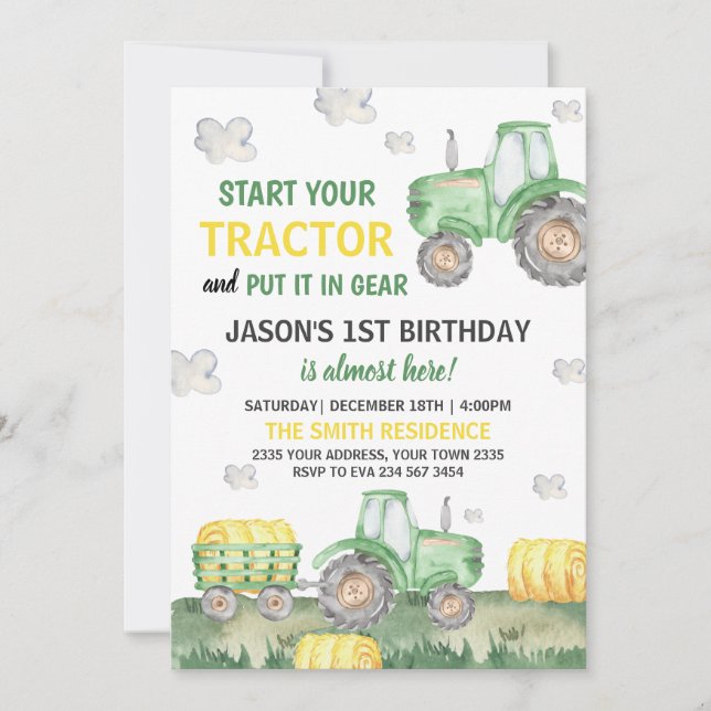 Invitation Fête d'anniversaire de garçon avec tracteur vert (Devant)