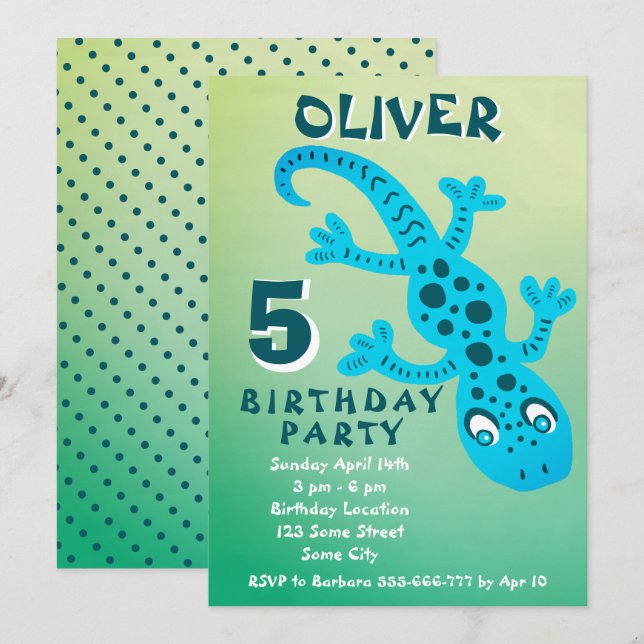 Invitation Fête d'anniversaire de garçon avec un lézard gecko (Devant / Derrière)