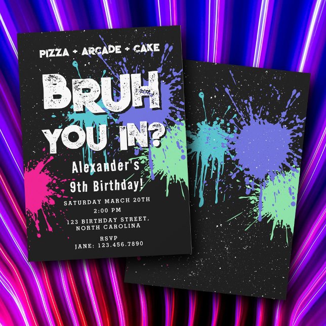 Invitation Fête d'anniversaire de garçon Bruh Néon Graffiti A (Bruh Boy's Birthday Party Neon Graffiti Teenager Invitation)
