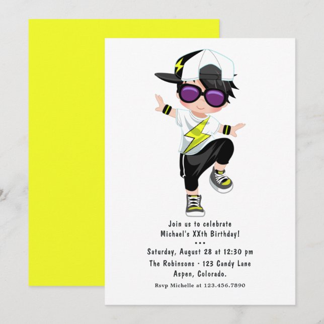 Invitation Fête d'anniversaire de garçon de danse hip hop rap (Devant / Derrière)