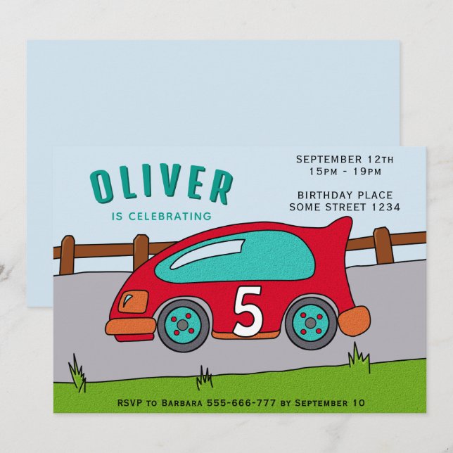 Invitation Fête d'anniversaire de garçon de voiture de course (Devant / Derrière)