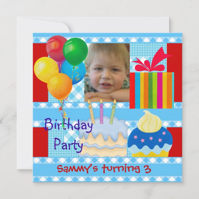 Invitation Fête d'anniversaire de garçon d'enfant 3 ans Bleu  (Devant)