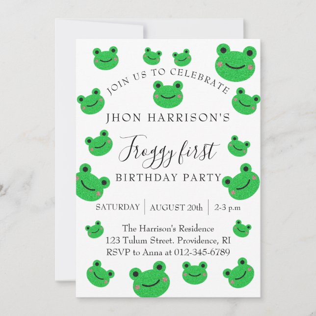 Invitation Fête d'anniversaire de garçon grenouille premier a (Devant)