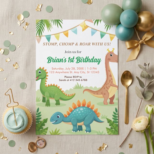 Invitation fête d'anniversaire de garçon mignonne avec dinosa (Créateur téléchargé)