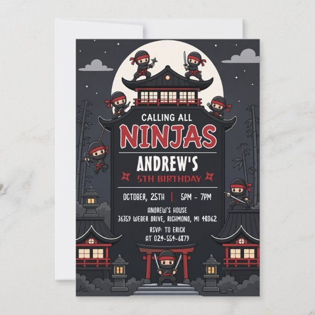 Invitation Fête d'anniversaire de garçon Ninja personnalisée  (Devant)