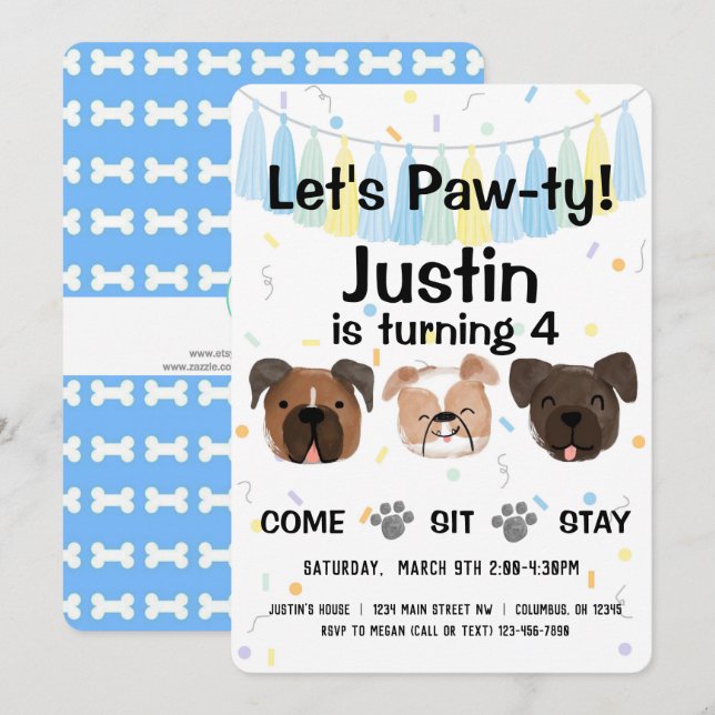 Invitation Fête d'anniversaire de garçon ou neutre pour chiot (Devant / Derrière)