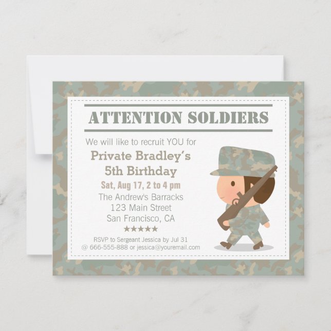 Invitation Fête d'anniversaire de garçon soldat de l'armée mi (Devant)
