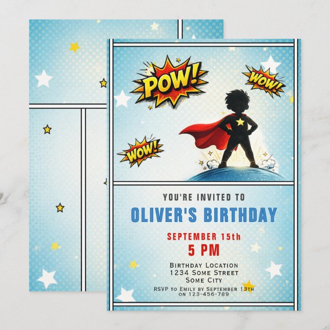 Invitation Fête d'anniversaire de garçon super-héros (Devant / Derrière)