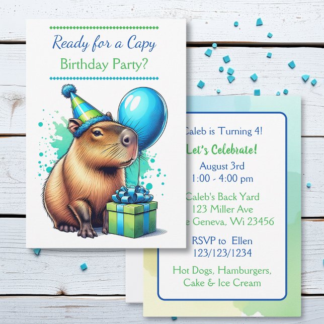 Invitation Fête d'anniversaire de garçon sur le thème du capy (Créateur téléchargé)