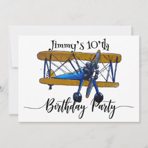 Invitation Fête d'anniversaire de garçons avec biplan jaune e