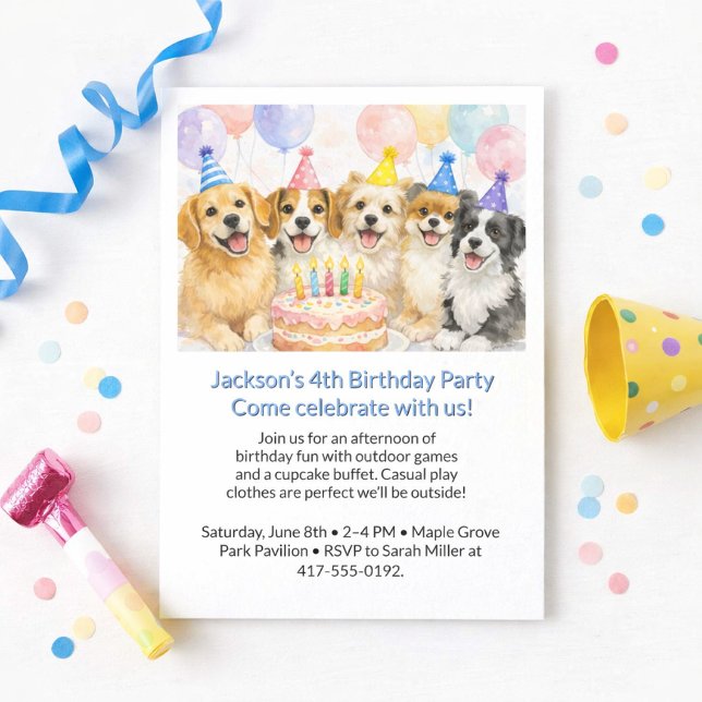 Invitation Fête d'anniversaire de garçons avec des chiens en  (Créateur téléchargé)