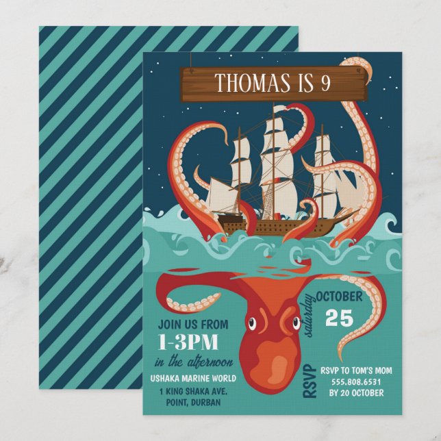 Invitation Fête d'anniversaire de garçons Kraken (Devant / Derrière)