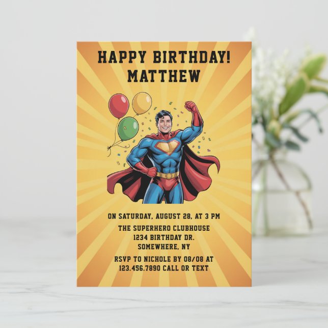Invitation Fête d'anniversaire de garçons super-héros (Debout devant)