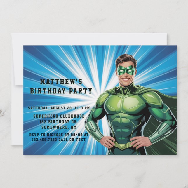 Invitation Fête d'anniversaire de garçons super-héros verts (Devant)