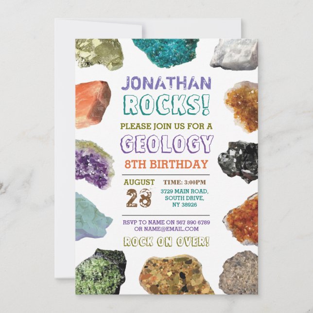 Invitation Fête d'anniversaire de géologie Roches Pierres pré (Devant)
