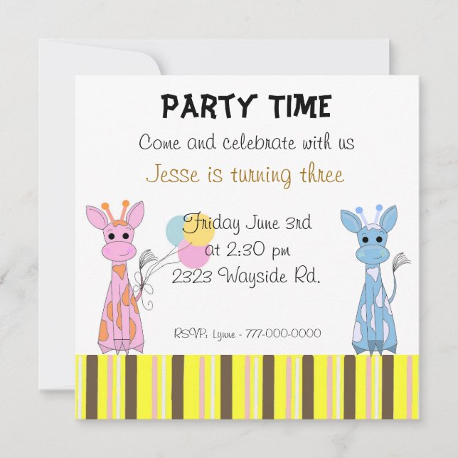 Invitation Fête d'anniversaire de girafes fantaisistes (Devant)