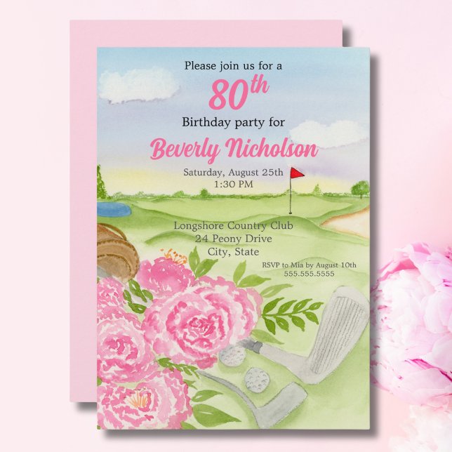 Invitation Fête d'anniversaire de golf 80 ans Pivoines sur te (Créateur téléchargé)