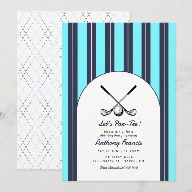 Invitation Fête d'anniversaire de golf bleu marine, blanc et  (Devant / Derrière)