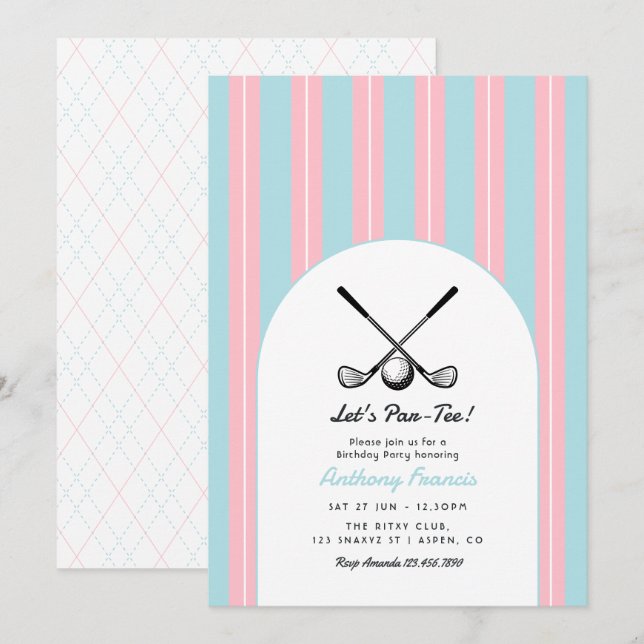 Invitation Fête d'anniversaire de golf Bleu Poudre, Rose et B (Devant / Derrière)