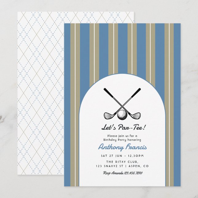 Invitation Fête d'anniversaire de golf Bleu Poussiéreux, Pier (Devant / Derrière)