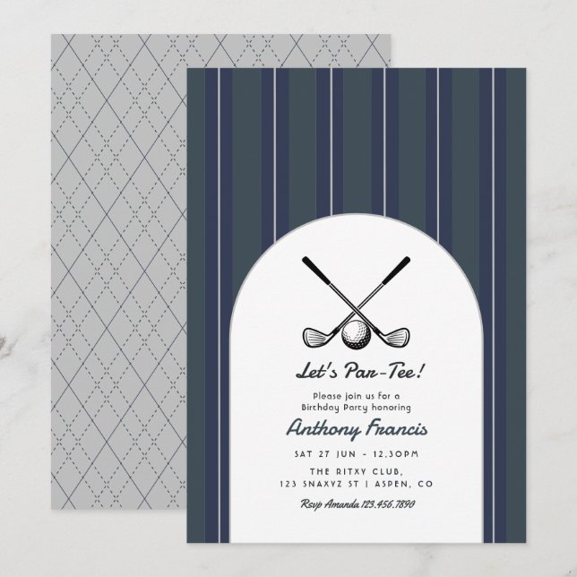 Invitation Fête d'anniversaire de golf Charbon, Nuit et Argen (Devant / Derrière)