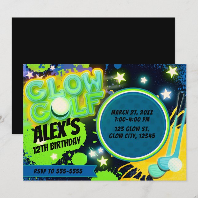 Invitation Fête d'anniversaire de golf de Glow jaune bleu (Devant / Derrière)