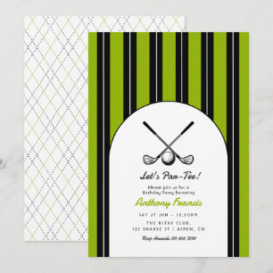 Invitation Fête d'anniversaire de golf en noir, blanc et vert