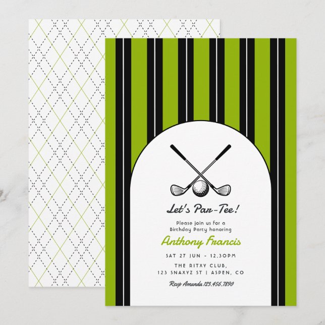 Invitation Fête d'anniversaire de golf en noir, blanc et vert (Devant / Derrière)