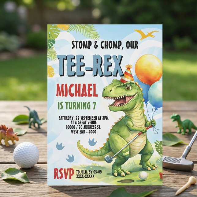 Invitation Fête d'anniversaire de golf miniature Tee-Rex le d (Swing into action with this adorable "Tee-Rex" golf birthday party invitation! )