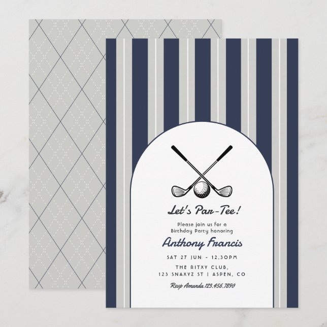 Invitation Fête d'anniversaire de golf Navy, Gris Clair et Bl (Devant / Derrière)