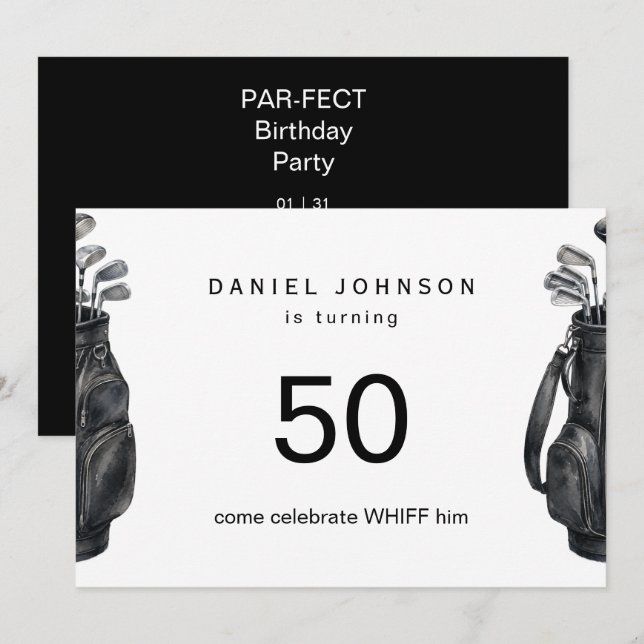 Invitation Fête d'anniversaire de golf noir drôle (Devant / Derrière)