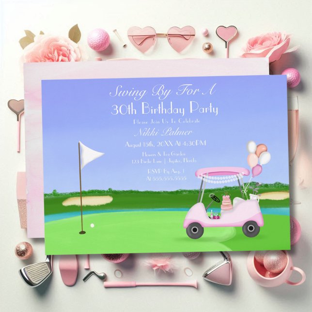 Invitation Fête d'anniversaire de golf rose 30 ans (Créateur téléchargé)