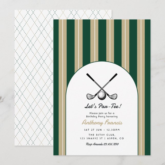 Invitation Fête d'anniversaire de golf vert foncé, kaki et bl (Devant / Derrière)