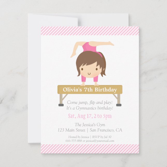 Invitation Fête d'anniversaire de gym pour les petites filles (Devant)