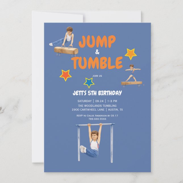 Invitation Fête d'anniversaire de gymnastique Bleu Garçon et  (Devant)