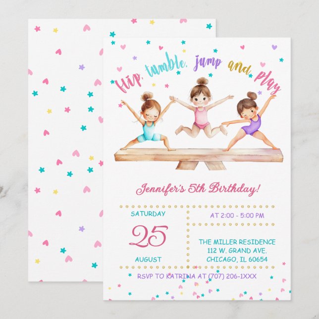 Invitation Fête d'anniversaire de gymnastique modifiable pour (Devant / Derrière)