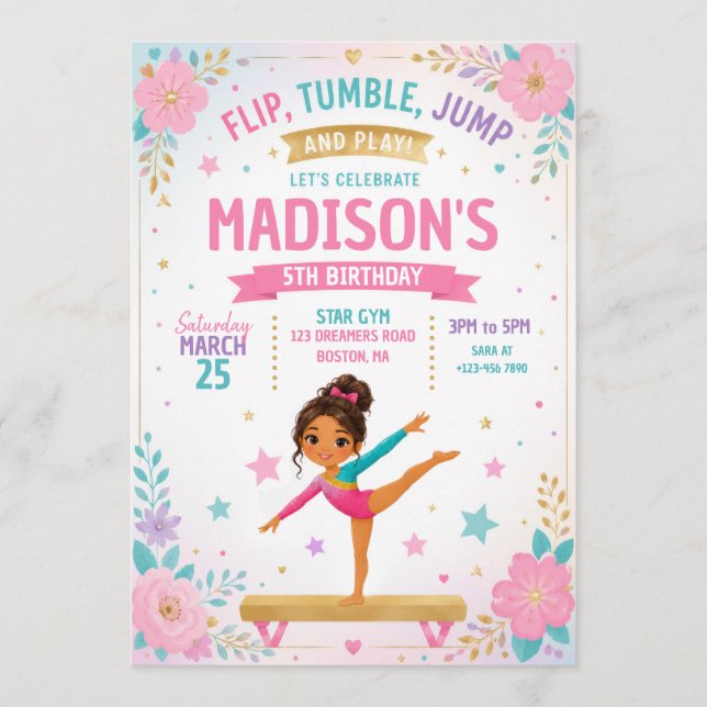 Invitation Fête d'anniversaire de gymnastique pour filles  (Devant)