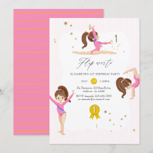 Invitation Fête d'anniversaire de gymnastique rose et or 1 an