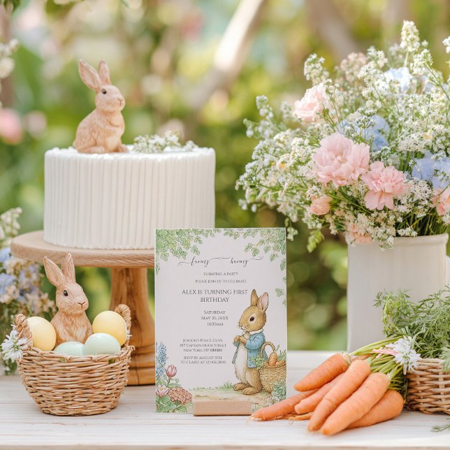 Invitation Fête d'anniversaire de jardin de lapin vintage (Créateur téléchargé)