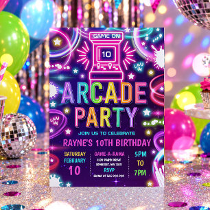 Invitation Fête d'anniversaire de jeu d'arcade rétro Neon Glo